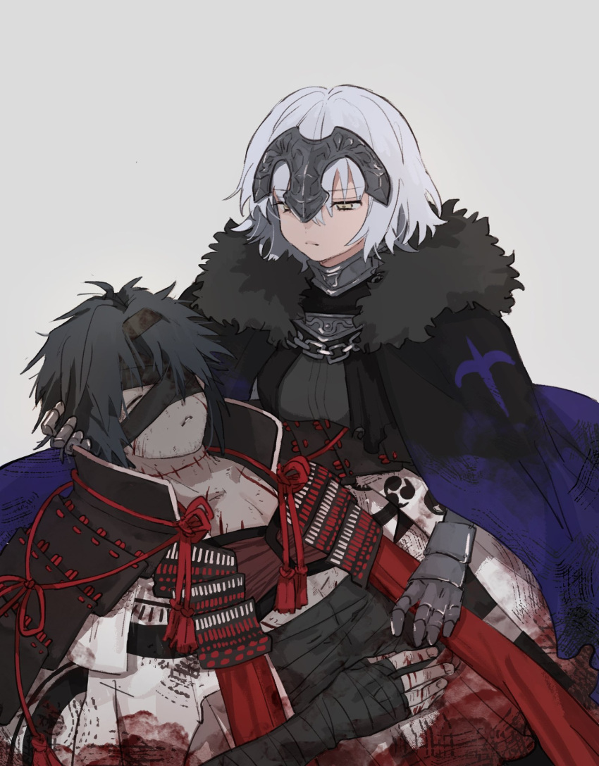 1boy 1girl bandage_over_one_eye bandaged_head bandages black_bandages black_cloak black_gloves black_hair blood blood_on_clothes chiemon_(fate) cloak closed_eyes collar fate/samurai_remnant fate_(series) fingerless_gloves fur-trimmed_cloak fur_trim gloves grey_hair headpiece highres jeanne_d'arc_alter_(lancer)_(fate) looking_at_another lying_on_person metal_collar scar short_hair stbntotoi tassel upper_body white_background