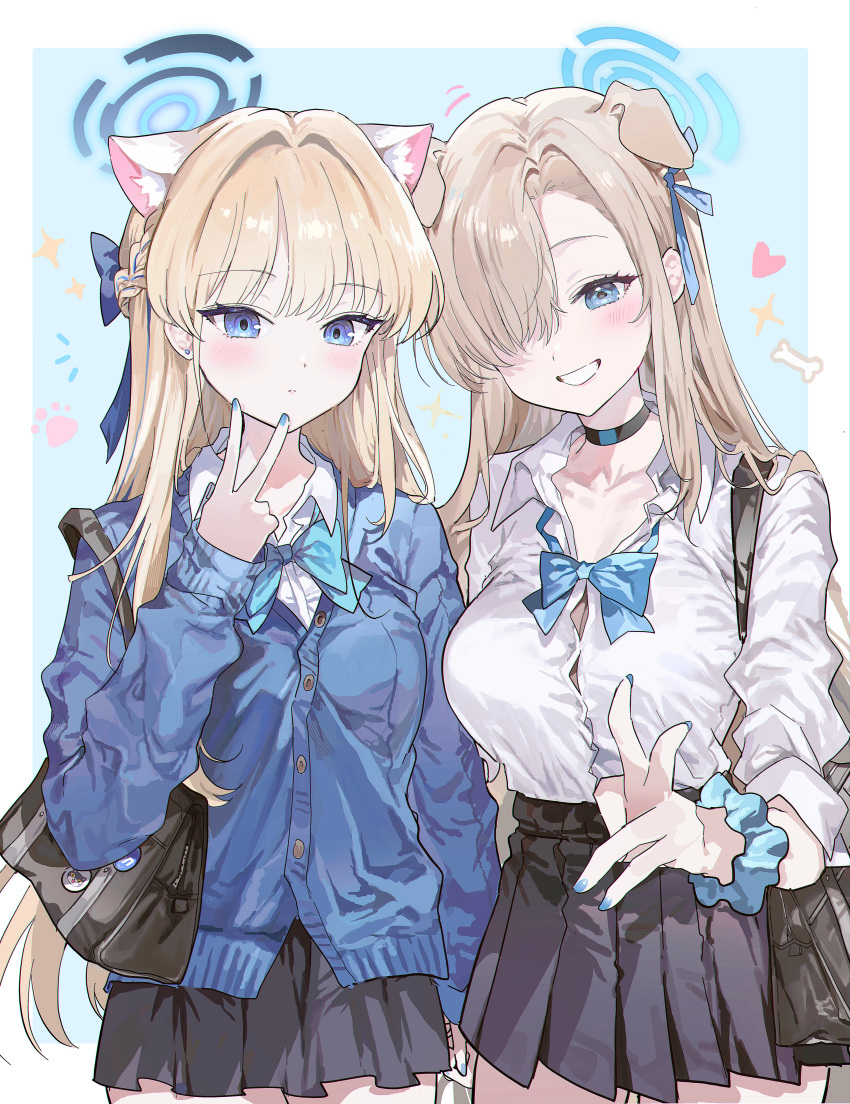 0202ase 2girls absurdres animal_ears asuna_(blue_archive) black_skirt blonde_hair blue_archive blue_bow blue_bowtie blue_cardigan blue_eyes blue_hair blue_halo blue_nails blue_scrunchie blush bow bowtie braid breasts buttons cardigan cat_ears cleavage closed_mouth collared_shirt cowboy_shot dog_ears extra_ears fingernails grin halo highres large_breasts light_brown_hair long_hair long_sleeves looking_at_viewer multicolored_hair multiple_girls nail_polish pleated_skirt scrunchie shirt skirt smile streaked_hair toki_(blue_archive) white_shirt wrist_scrunchie