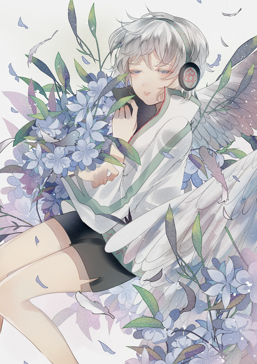 1girl bare_legs black_skirt blue_eyes blue_flower film_grain flower grey_background half-closed_eyes hand_up headphones highres leaf light_particles long_sleeves looking_at_viewer lying miniskirt on_side parted_lips petals purple_flower shirt short_hair skirt solo tadatsu vocaloid vsinger white_hair white_shirt yanhe