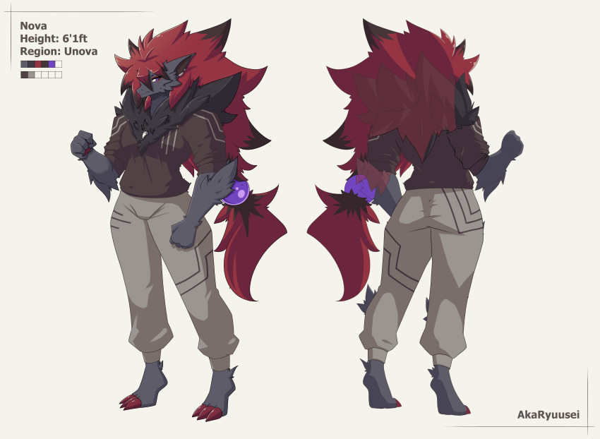 absurd_res accessory akaryuusei anthro biped black_body clothed clothing ear_piercing ear_ring generation_5_pokemon hair hi_res jewelry long_hair male model_sheet necklace nintendo nova_(novaace) piercing pokemon pokemon_(species) purple_eyes red_hair ring_piercing solo zoroark