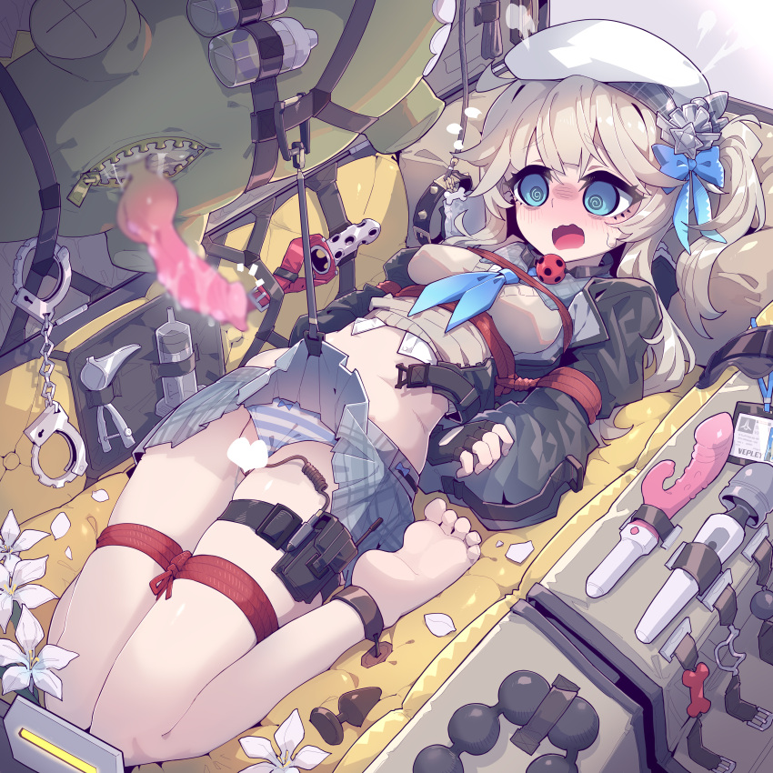 1girl @_@ absurdres animal_penis arms_behind_back ball_gag barefoot blue_eyes blue_neckerchief bound breasts character_request commentary_request dildo full_body gag girls'_frontline grey_hair grey_skirt highres hitachi_magic_wand imazawa knotted_penis long_hair lying medium_breasts miniskirt navel neckerchief on_back open_mouth paid_reward_available penis plaid plaid_skirt pleated_skirt restrained sex_toy side_ponytail skirt soles solo toes variant_set vibrator wavy_mouth white_headwear