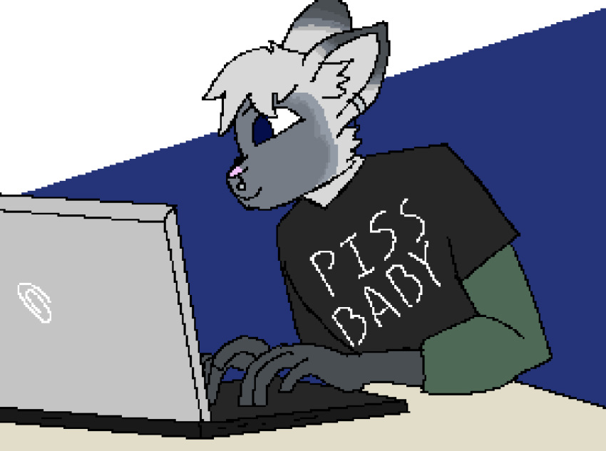 anthro barbell_piercing black_clothing black_shirt black_topwear catsby_(catsbym) circular_barbell_piercing clothed clothing computer digital_media_(artwork) domestic_cat electronics english_text facial_piercing felid feline felis flat_colors fur grey_body grey_fur humanoid_hands laptop looking_at_computer looking_at_laptop looking_at_object male mammal nose_piercing piercing pink_nose pixel_(artwork) sasha_the_owl septum_circular_barbell septum_piercing shirt siamese simple_background solo t-shirt text text_on_clothing text_on_shirt text_on_topwear topwear white_text