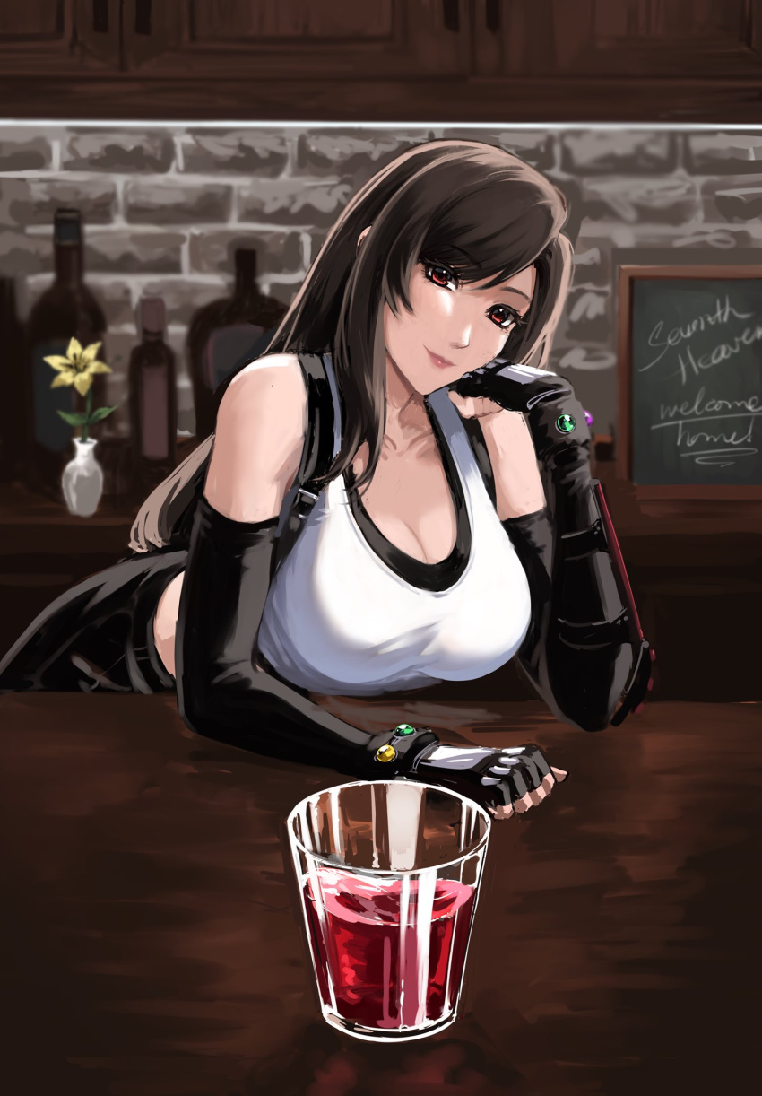 1girl alcohol bar_(place) bare_shoulders black_hair black_skirt bottle bracelet breasts brown_hair cleavage closed_mouth collarbone commentary counter crop_top cup drinking_glass elbow_gloves elbow_rest english_commentary final_fantasy final_fantasy_vii final_fantasy_vii_remake fingerless_gloves flower gloves highres indoors jewelry kivavis large_breasts lips long_hair looking_at_viewer materia plant potted_plant red_eyes single_sidelock skirt smile solo suspender_skirt suspenders swept_bangs tank_top tifa_lockhart upper_body white_tank_top yellow_flower