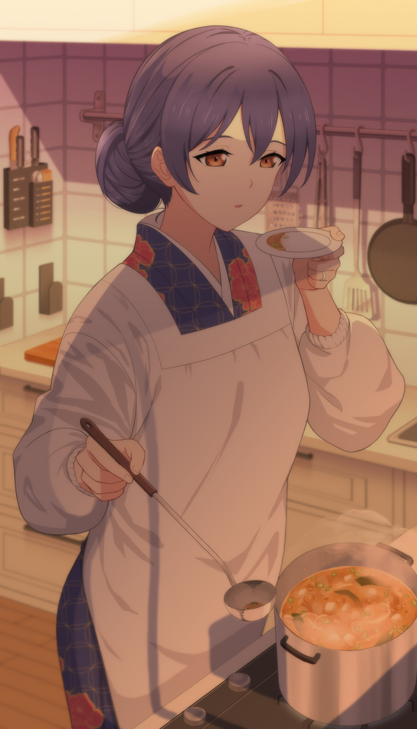 1girl absurdres alternate_hairstyle apron blue_hair commentary cooking english_commentary enola_013 evening floral_print food frying_pan hair_bun highres holding holding_ladle holding_plate indoors japanese_clothes kappougi kitchen ladle love_live! love_live!_school_idol_project open_mouth plate solo sonoda_umi soup spatula standing steam sunlight window_shade yellow_eyes