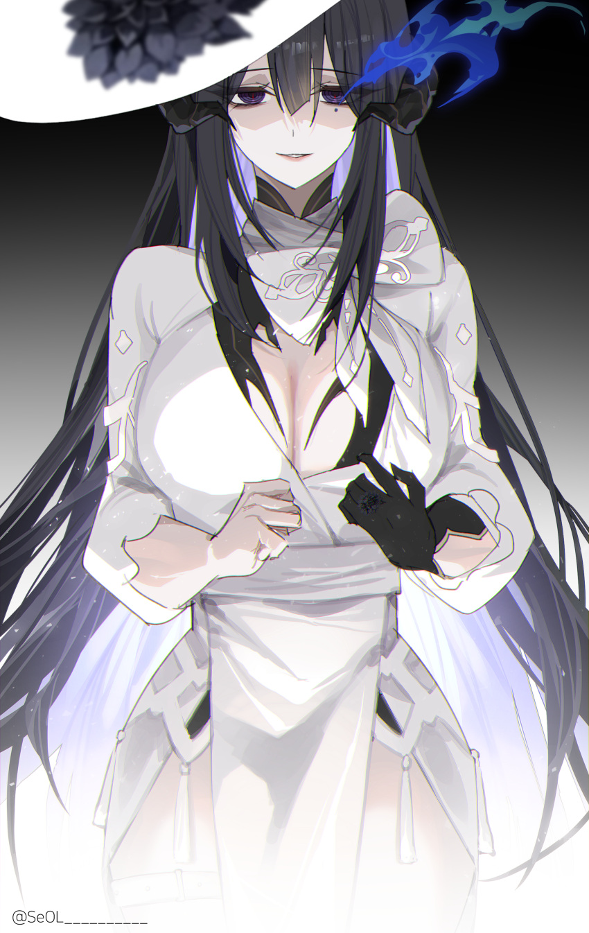 1girl absurdres baconontheclock black_gloves black_hair breasts cleavage constance_(honkai:_star_rail) cowboy_shot curled_horns dress flashing gloves hair_between_eyes highres honkai:_star_rail honkai_(series) horns huge_breasts long_hair looking_at_viewer mole mole_under_eye parted_lips purple_eyes ringed_eyes sidelocks slit_pupils smile solo twitter_username very_long_hair white_dress white_gloves white_headwear