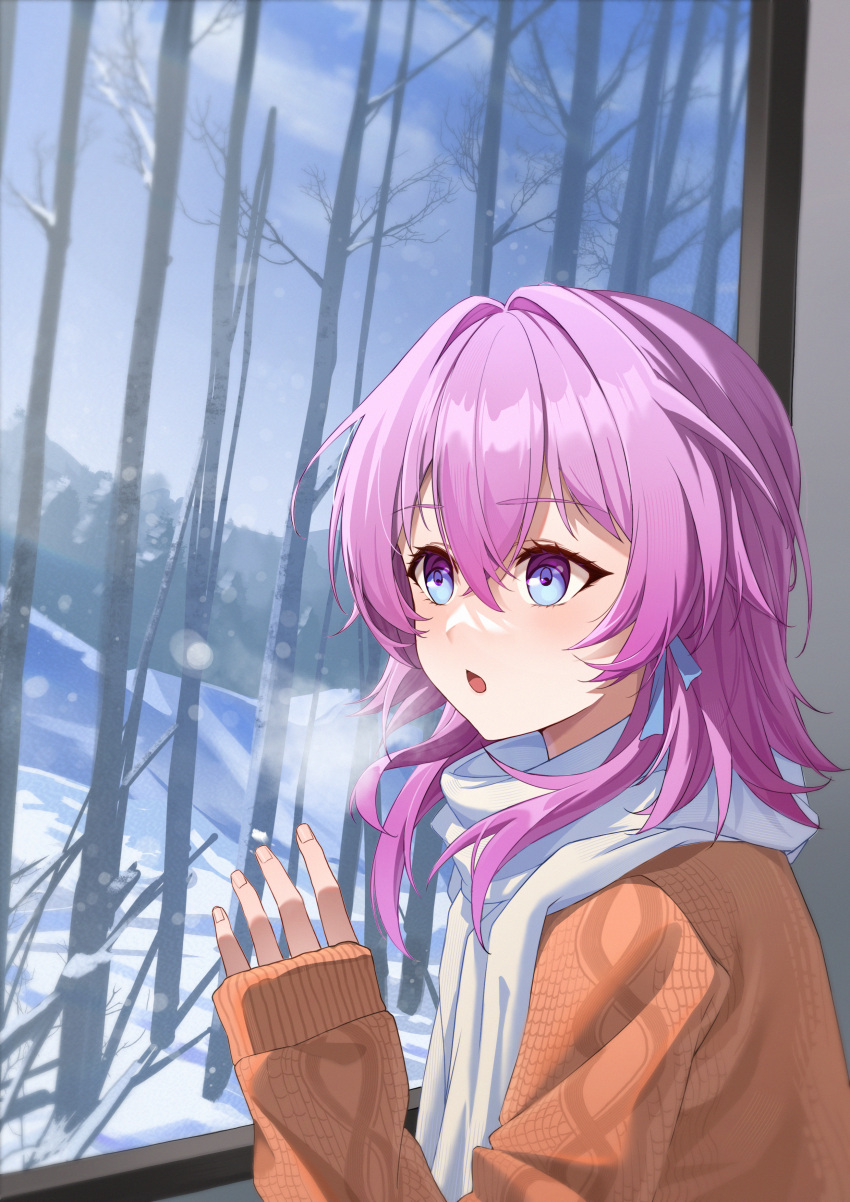 1girl absurdres alternate_costume bare_tree blue_eyes breath brown_sweater chinese_commentary commentary_request earrings hair_between_eyes hair_intakes highres honkai:_star_rail honkai_(series) jewelry looking_afar march_7th_(honkai:_star_rail) medium_hair ni_xiu open_mouth pink_eyes pink_hair scarf single_earring snow solo sweater tree two-tone_eyes upper_body white_scarf winter_clothes