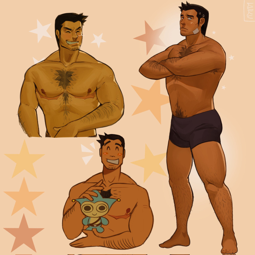 1boy ^_^ ace_attorney arm_hair armpit_hair bandage_on_face bandages bara black_hair black_shorts blue_badger blush brown_background chest_hair closed_eyes closed_mouth collarbone crossed_arms dick_gumshoe facial_hair full_body goatee grin highres kukustar_(kukuu) leg_hair long_sideburns looking_at_viewer male_focus mastectomy_scar pectorals scar scar_on_chest short_hair shorts sideburns smile star_(symbol)