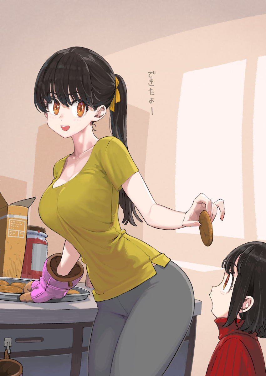 2girls big_sister_(navigavi) black_hair blush breasts cleavage collarbone commentary cookie cowboy_shot food grey_pants hair_ribbon highres holding holding_cookie holding_food indoors jam jar jun_(navigavi) kitchen little_sister_(navigavi) long_hair looking_at_another looking_to_the_side medium_breasts multiple_girls open_mouth orange_eyes orange_ribbon original oven_mitts pants ponytail red_sweater ribbed_sweater ribbon shirt short_hair short_sleeves siblings sisters smile sparkling_eyes standing sweater tight_clothes tight_pants translated tray turtleneck turtleneck_sweater yellow_shirt