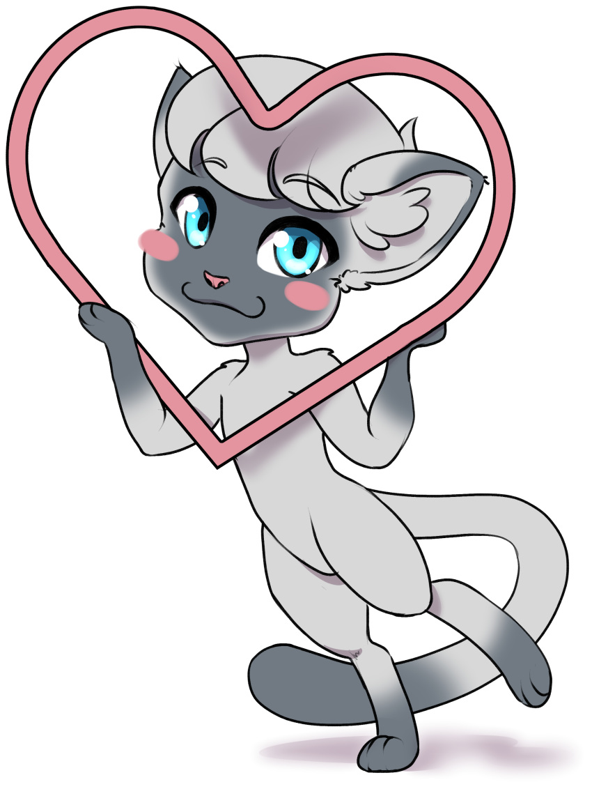 &lt;3 absurd_res anthro blue_eyes blush blush_stickers catsby_(catsbym) chibi digital_drawing_(artwork) digital_media_(artwork) digitigrade domestic_cat eyebrow_through_hair eyebrows featureless_crotch felid feline felis full-length_portrait fur grey_body grey_fur grey_hair grey_inner_ear_fluff hair handpaw hi_res hindpaw inner_ear_fluff looking_at_viewer male mammal nude on_one_leg paws pink_blush pink_nose portrait shaded siamese simple_background smile solo standing strawberrycucumber tail translucent translucent_hair tuft white_background