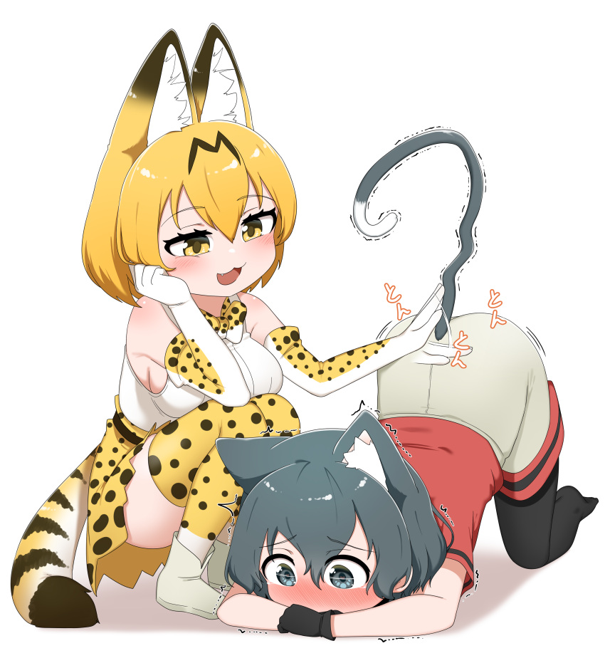 2girls :3 absurdres all_fours animal_ears bare_shoulders black_gloves black_hair black_pantyhose blonde_hair blue_eyes blush cat_ears cat_girl cat_tail chis_(js60216) elbow_gloves extra_ears fang gloves grey_shorts high-waist_skirt highres kaban_(kemono_friends) kemono_friends kemonomimi_mode multiple_girls no_shoes pantyhose patting print_gloves print_skirt print_thighhighs red_shirt role_reversal serval_(kemono_friends) serval_print shirt short_hair short_sleeves shorts skirt sleeveless squatting t-shirt tail thighhighs white_shirt yellow_eyes zettai_ryouiki
