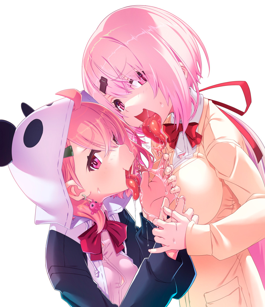 2girls absurdres ahoge breasts commentary_request earrings fellatio_gesture hair_between_eyes hair_ribbon highres holding_hands jewelry large_breasts long_hair long_sleeves long_tongue looking_at_viewer low_ponytail medium_breasts medium_hair multiple_girls nijisanji octopus_earrings open_mouth pink_eyes pink_hair red_ribbon ribbon sakuya_tsuitachi sasaki_saku sasaki_saku_(1st_costume) sexually_suggestive shiina_yuika shiina_yuika_(1st_costume) simple_background sleeves_past_wrists smile tongue tongue_out virtual_youtuber white_background