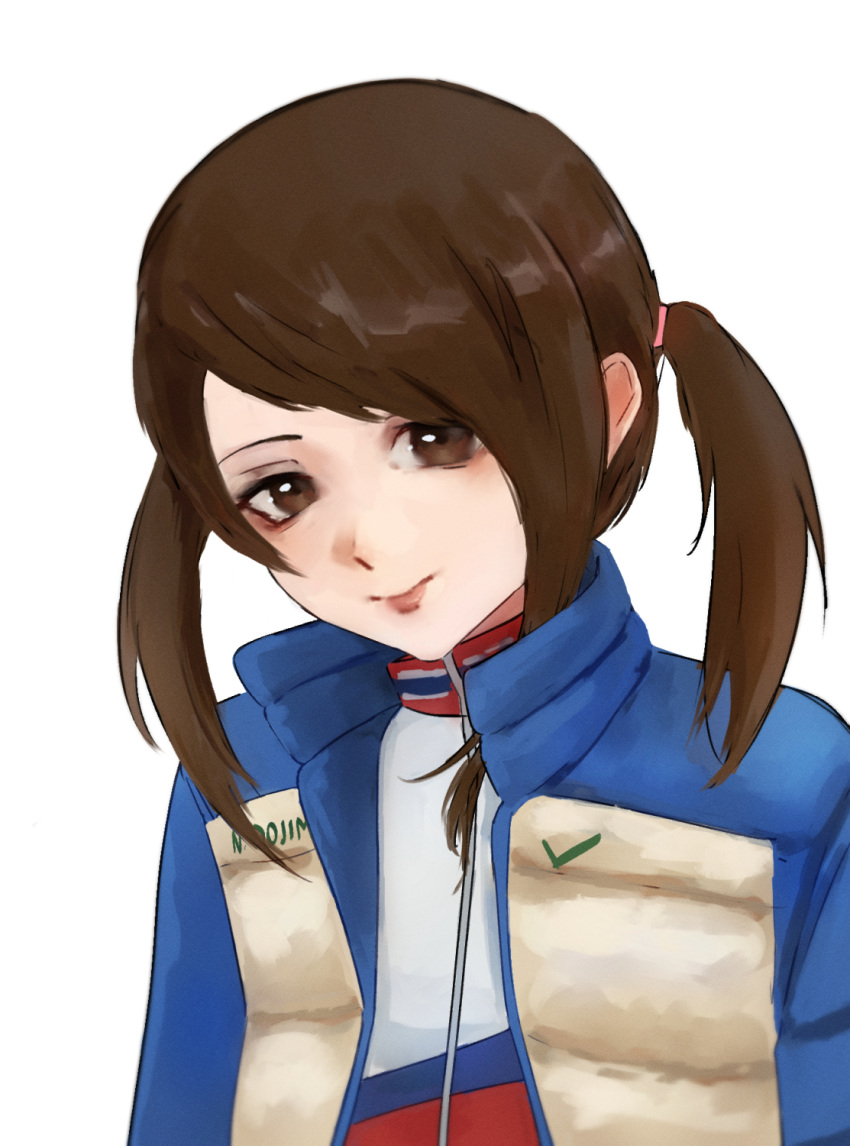 1girl aged_up blue_jacket brown_eyes brown_hair closed_mouth doujima_nanako highres jacket long_hair looking_at_viewer n7grey open_clothes open_jacket persona persona_4 persona_5 prototype_design short_twintails simple_background smile solo twintails upper_body white_background white_jacket zipper