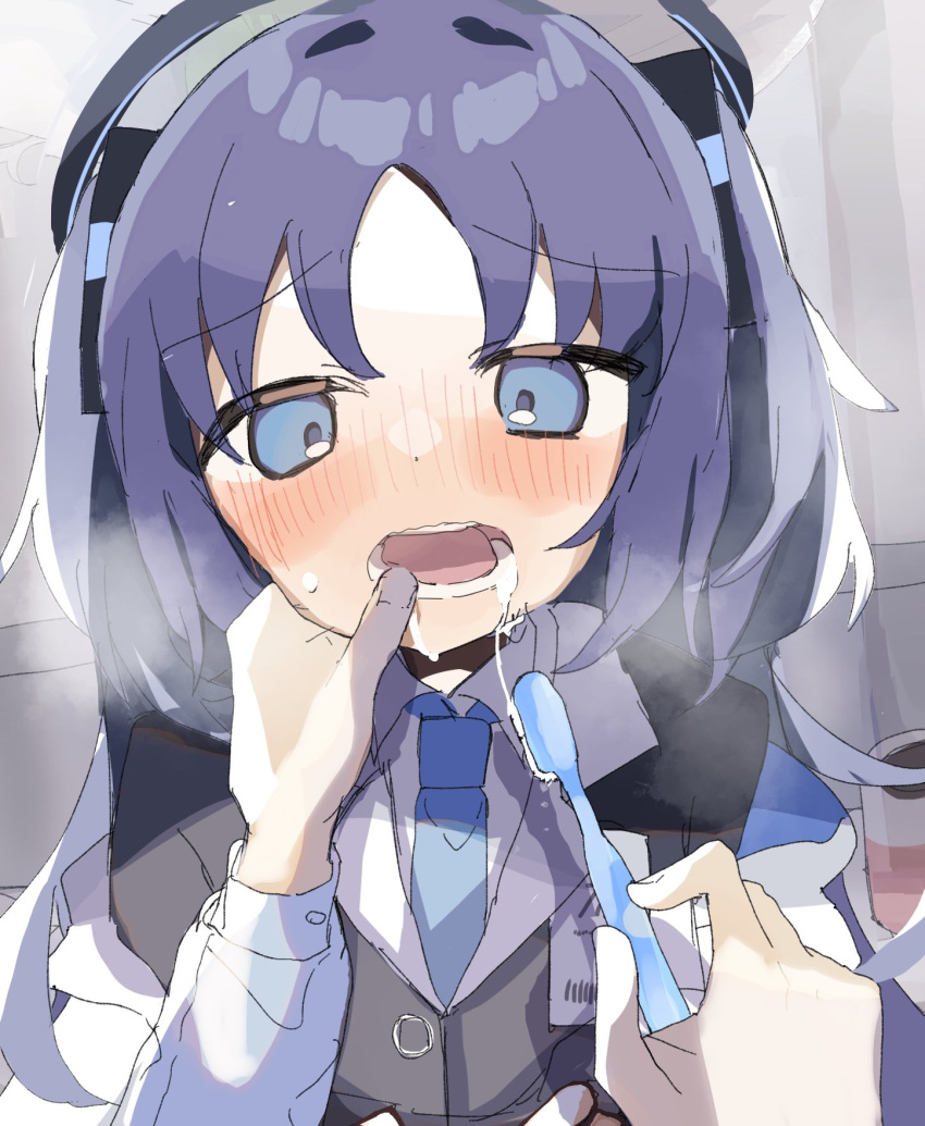 1girl blue_archive blue_eyes blue_necktie blush brushing_another's_teeth cezf28 commentary_request highres holding holding_toothbrush necktie nose_blush open_mouth pov pov_hands purple_hair solo_focus teeth toothbrush upper_body yuuka_(blue_archive)