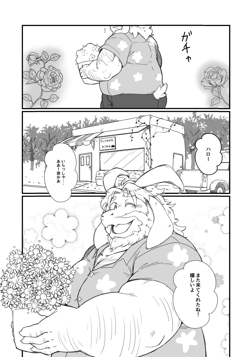 2024 absurd_res asgore_dreemurr belly big_belly bottomwear bovid bovine chiro_(artist) clothing comic flower hi_res inside japanese_text kemono male mammal one_eye_closed outside overweight overweight_male plant shirt shorts solo text topwear undertale_(series) wink