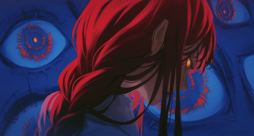1girl artist_name blue_background braid braided_ponytail chainsaw_man closed_mouth collared_shirt commentary extra_eyes eyelashes from_behind from_side highres kantakerro lips looking_at_viewer makima_(chainsaw_man) messy_hair monster portrait profile red_hair ringed_eyes shirt solo_focus yellow_eyes