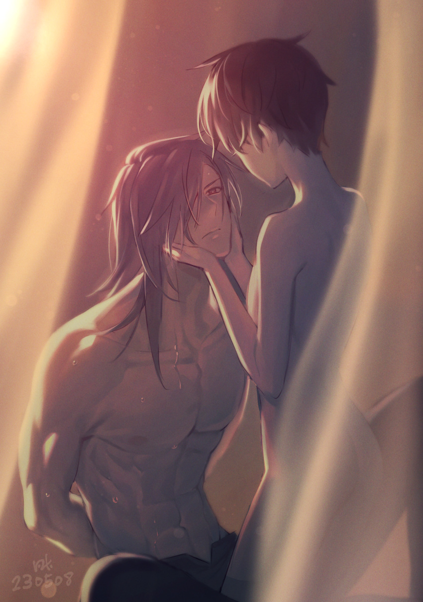 2boys abs arms_behind_back black_hair black_pants blue_eyes brown_background brown_hair completely_nude curtains dated facing_another grey_hair hair_over_one_eye hands_on_another's_cheeks hands_on_another's_face hands_up highres kiyonagi knees_up kusanagi_(kiyonagi) long_hair looking_at_another male_focus multiple_boys nipples nude one_eye_covered original pants red_eyes short_hair sitting size_difference standing sunlight sweat yaoi