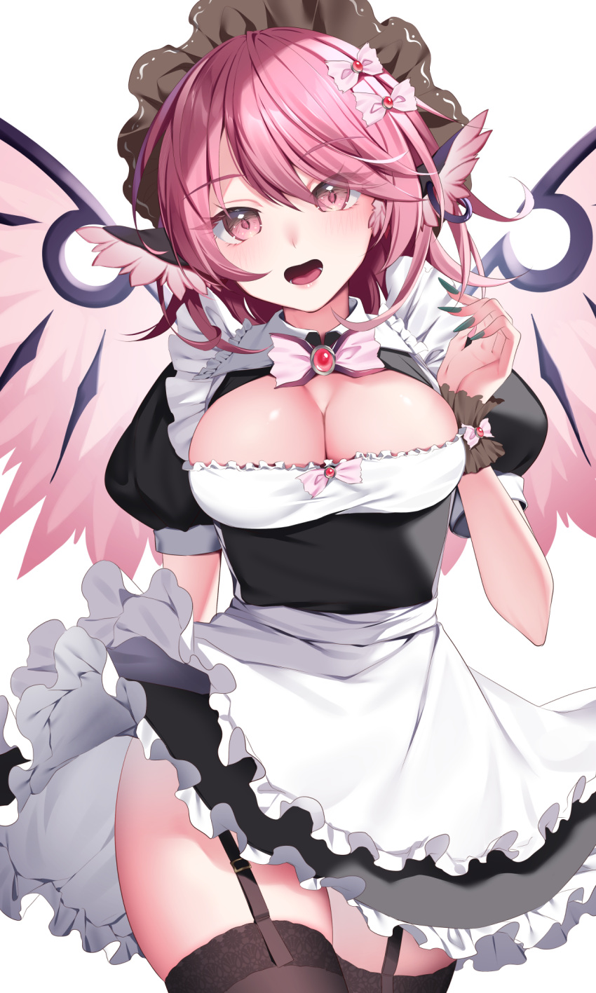1girl alternate_costume animal_ears apron bird_ears bird_wings black_dress black_thighhighs breasts cleavage commission cowboy_shot dress earrings enmaided fingernails frilled_apron frilled_dress frills green_nails highres jewelry kaede_(mmkeyy) large_breasts long_fingernails maid maid_apron maid_headdress mystia_lorelei nail_polish pink_eyes pink_hair pink_wings pixiv_commission puffy_short_sleeves puffy_sleeves sharp_fingernails short_hair short_sleeves simple_background single_earring solo thighhighs touhou white_apron white_background wings