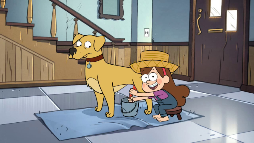 barefoot bestiality blush blush_stickers brown_hair canid canine canis disney domestic_dog door duo feet female feral gravity_falls hair human mabel_pines male male/female mammal pink_hairband unknown_artist