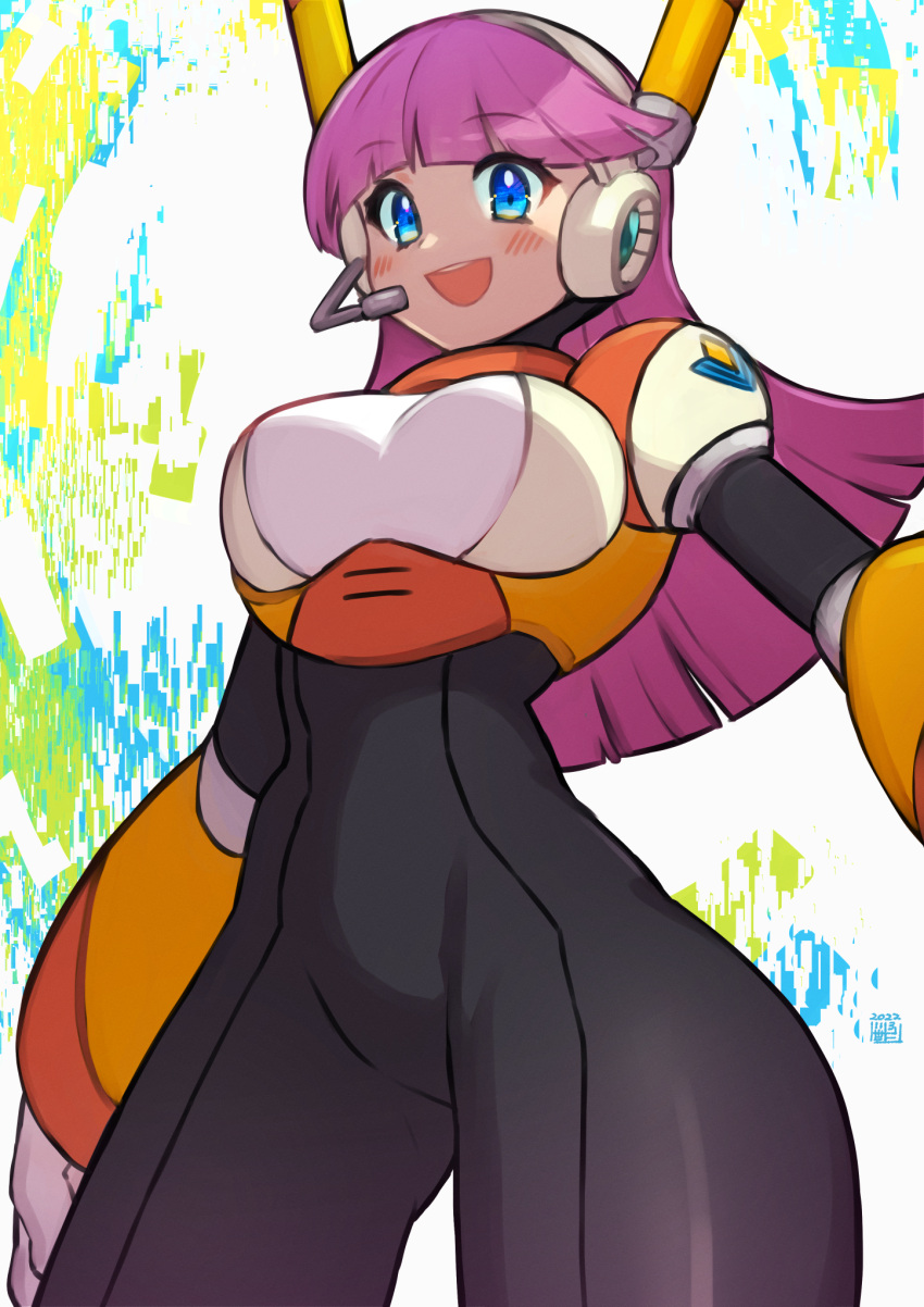 1girl blue_eyes blunt_bangs blush breasts headset highres humanoid_robot large_breasts long_hair looking_at_viewer mega_man:_maverick_hunter_x mega_man_(series) mega_man_x_(series) navigator_(mega_man) open_mouth pink_hair robot smile solo tobitori