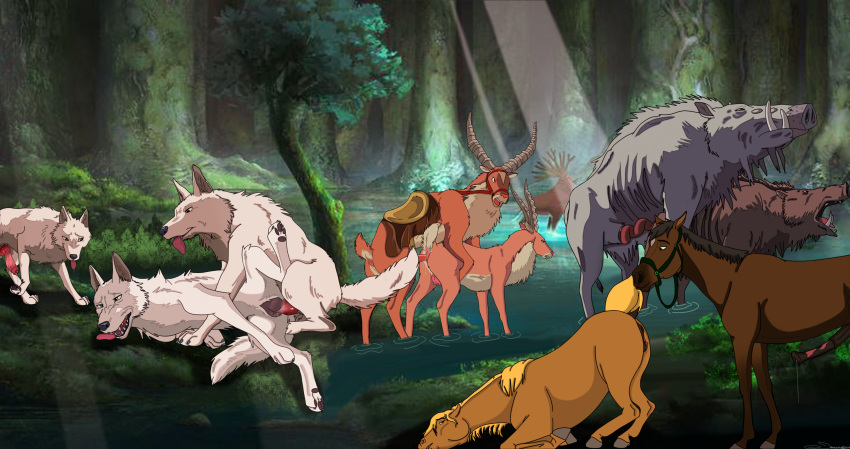 absurd_res anatomically_correct anatomically_correct_genitalia animal_genitalia balls bodily_fluids canid canine canis cervine cum cum_in_pussy cum_inside deer doggystyle domestic_pig drooling duo elk equid equine female feral flared_penis forest forest_spirit from_behind_position genital_fluids genitals ghibli group group_sex hi_res holidaypup horse humping male male/female mammal moro okkoto orgy penetration penis plant princess_mononoke pussy red_elk saliva saliva_string sex sheath size_difference suid suina sus_(pig) tree vaginal vaginal_penetration wild_boar wolf yakkul