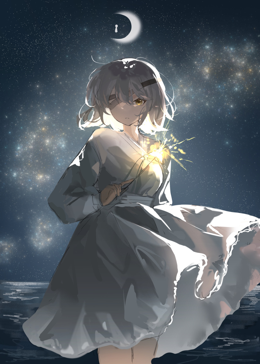 1girl absurdres bandage_over_one_eye company_logo cowboy_shot crescent dongbaek_(project_moon) galaxy highres holding_fireworks jellying keyhole limbus_company looking_at_viewer medium_hair ocean parted_lips project_moon skirt solo sparkle white_hair white_hanbok white_skirt yellow_eyes