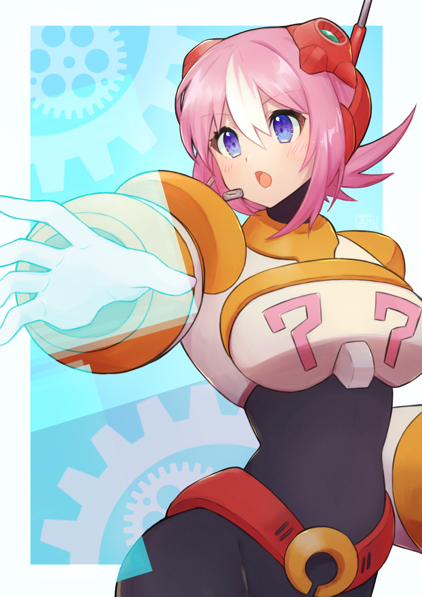 1girl breasts headset highres humanoid_robot large_breasts mega_man_(series) mega_man_x:_command_mission mega_man_x_(series) multicolored_hair nana_(mega_man_x:_command_mission) open_mouth pink_hair purple_eyes robot short_hair solo tobitori white_hair