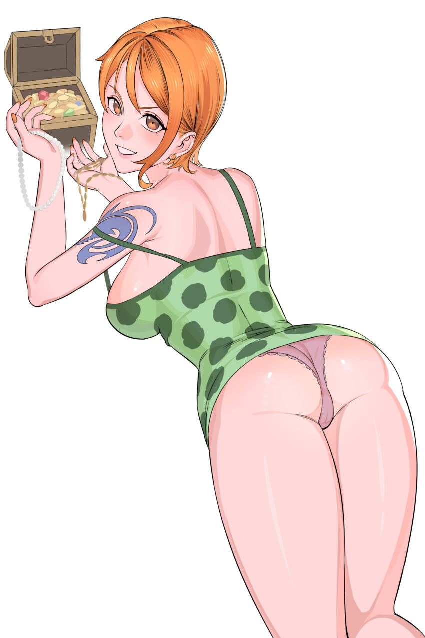 1girl ass bare_shoulders breasts commentary dress earrings eyelashes feet_out_of_frame green_dress highres jewelry large_breasts looking_back nami_(one_piece) one_piece orange_eyes orange_hair panties short_hair shoulder_tattoo single_sidelock sleeveless sleeveless_dress smile solo strap_slip tattoo teeth treasure_chest underwear unworn_jewelry uukkaa