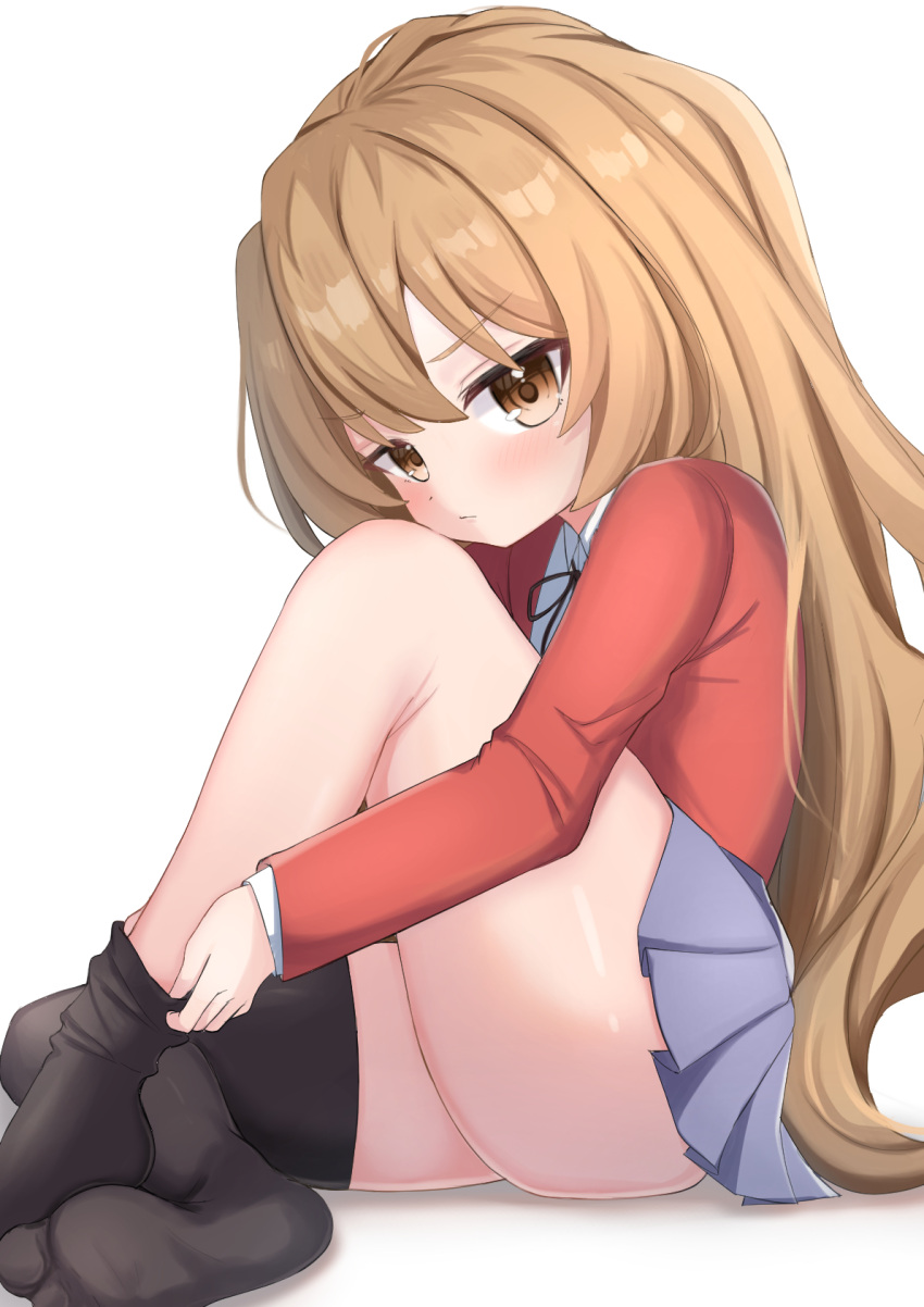 1girl aisaka_taiga blush brown_eyes brown_hair closed_mouth highres jacket legs long_hair long_sleeves looking_at_viewer nicomi-chan no_shoes oohashi_high_school_uniform pleated_skirt red_jacket school_uniform shirt simple_background sitting skirt soles solo thighhighs thighs toradora! white_background