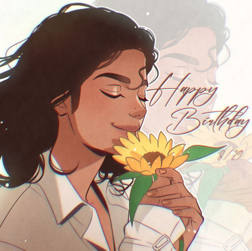 1boy brown_hair brown_nails closed_eyes collarbone dark-skinned_male dark_skin dated flower from_side happy_birthday highres medium_hair michael_jackson pirorin21century portrait real_life shirt smile solo sunflower white_shirt yellow_flower zoom_layer