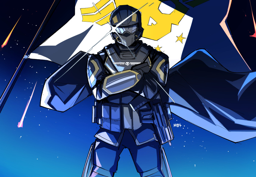 absurdres armor cowboy_shot crossed_arms facing_viewer flag flagpole full_armor gunbuster_pose heartbreak_juan helldiver_(helldivers) helldivers_(series) helmet highres parody pointing pointing_up sky soldier sparkle standing star_(sky) starry_sky visor_(armor)