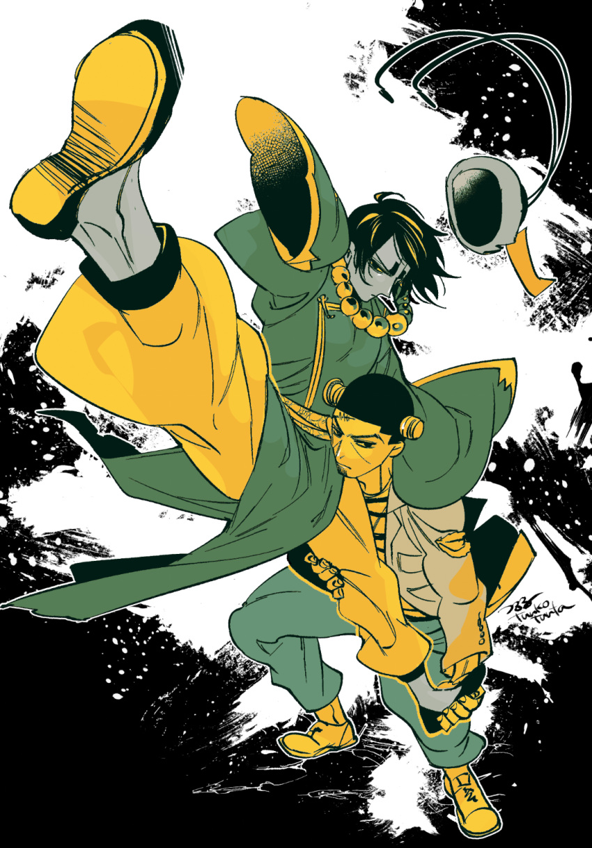 2boys arm_up artist_name baggy_pants bead_necklace beads black_background boots brown_jacket chinese_clothes closed_mouth colored_skin cosplay facial_hair frankenstein's_monster frankenstein's_monster_(cosplay) full_body goatee golden_kamuy green_pants green_skin hat high_kick highres jacket jewelry jiangshi_costume kicking koito_otonoshin lifting_person limited_palette long_sleeves looking_at_viewer male_focus multiple_boys necklace object_through_head ofuda pants pelvic_curtain qingdai_guanmao screw_in_head shirt shoes short_hair signature sleeves_past_fingers sleeves_past_wrists striped_clothes striped_shirt tsukishima_hajime tsuruko_turuta very_short_hair white_background wide_sleeves yellow_footwear yellow_pants yellow_skin