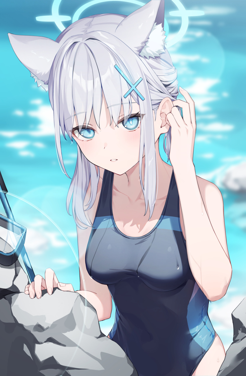 1girl absurdres animal_ear_fluff animal_ears black_one-piece_swimsuit blue_archive blue_eyes blue_halo breasts collarbone covered_navel day grey_hair hair_tucking halo highres long_hair medium_breasts one-piece_swimsuit outdoors parted_lips partially_submerged shiroko_(blue_archive) shiroko_(swimsuit)_(blue_archive) solo swimsuit wet wet_clothes wet_swimsuit wolf_ears wolf_girl yuu_maraa