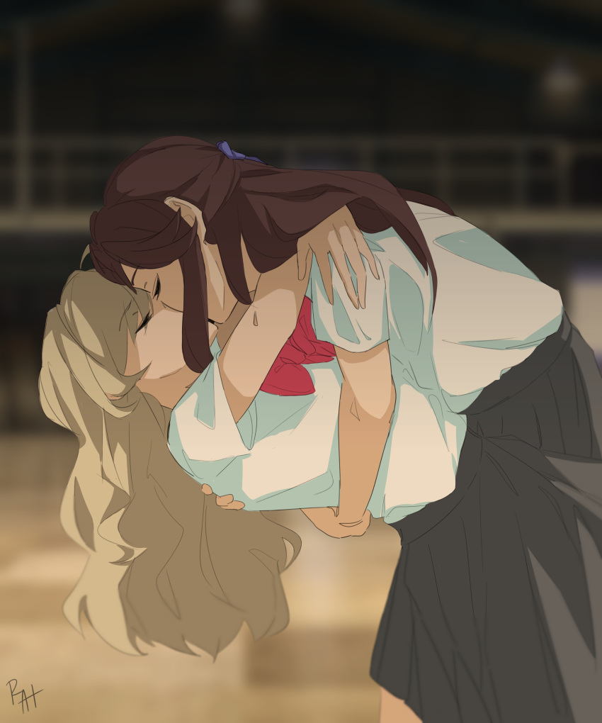 2girls absurdres arms_around_neck black_skirt blonde_hair blurry blurry_background bow bowtie brown_hair closed_eyes commentary dishwashingrat hand_on_another's_back highres kiss long_hair multiple_girls pleated_skirt red_bow red_bowtie saijou_claudine school_uniform shirt shirt_tucked_in short_sleeves shoujo_kageki_revue_starlight skirt symbol-only_commentary tendou_maya white_shirt