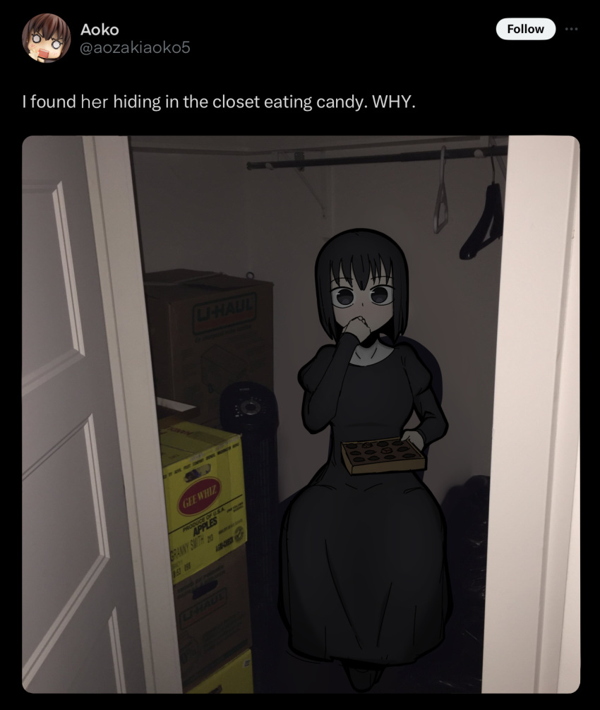 1girl black_dress black_eyes black_hair box cardboard_box closet clothes_hanger commentary covered_mouth dot_nose dress eating english_commentary english_text fiiib full_body highres holding indoors juliet_sleeves kuonji_alice long_dress long_sleeves looking_at_viewer mahou_tsukai_no_yoru open_door photo_background puffy_sleeves short_hair sitting solo type-moon