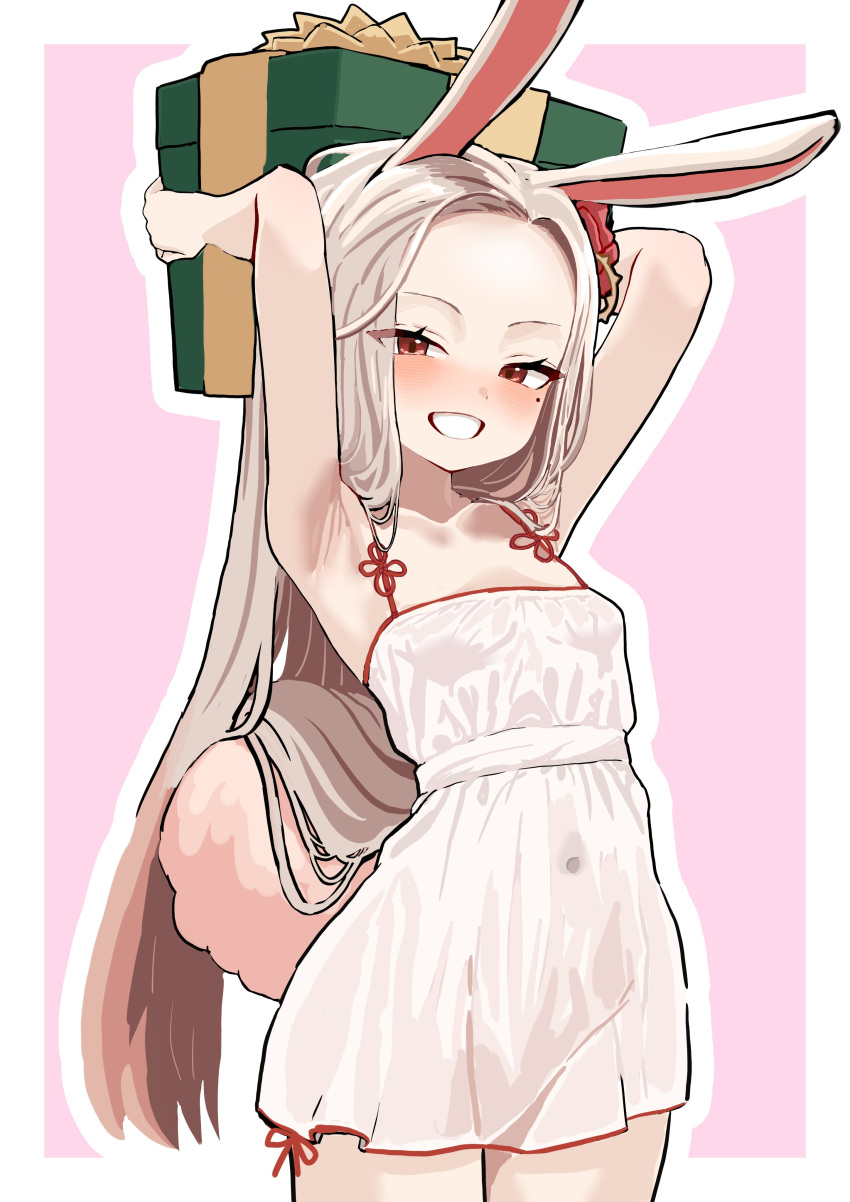 1girl absurdres animal_ears armpits arms_up blush box breasts commentary covered_navel dress elzlo flower forehead gift gift_box grey_hair grin hair_flower hair_ornament highres holding holding_gift long_hair looking_at_viewer nose_blush original rabbit_ears rabbit_girl rabbit_tail red_eyes red_flower simple_background small_breasts smile solo symbol-only_commentary tail two-tone_background very_long_hair white_dress