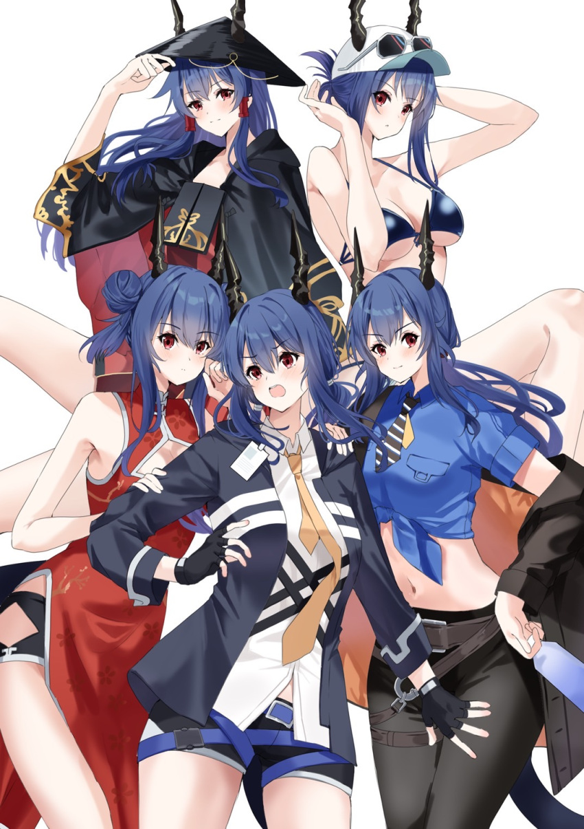 5girls arknights bare_arms bare_shoulders baseball_cap bikini black_bikini black_cloak black_gloves black_headwear black_pants blue_hair blue_shirt ch'en_(after_storm)_(arknights) ch'en_(ageless_afterglow)_(arknights) ch'en_(arknights) ch'en_the_holungday_(arknights) ch'en_the_holungday_(ten_thousand_mountains)_(arknights) china_dress chinese_clothes cloak commentary_request conical_hat crop_top double_bun dragon_horns dress fingerless_gloves gloves hair_bun hand_up hat highres horns lily0428 long_hair multiple_girls multiple_persona necktie off_shoulder open_clothes open_shirt pants red_dress red_eyes shirt simple_background sleeveless sleeveless_dress swimsuit thighs tied_shirt very_long_hair white_background white_headwear white_shirt yellow_necktie