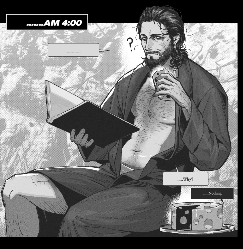 1boy ? abs baldur's_gate baldur's_gate_3 bara bare_pectorals beard book dungeons_and_dragons facial_hair feet_out_of_frame full_beard gaeag_bg3 gale_(baldur's_gate) greyscale hairy hand_hair highres looking_at_viewer mature_male monochrome navel navel_hair nipples open_book open_clothes open_robe pectorals robe sitting solo sparse_leg_hair stomach thick_arm_hair thick_chest_hair thick_eyebrows thick_navel_hair toned toned_male