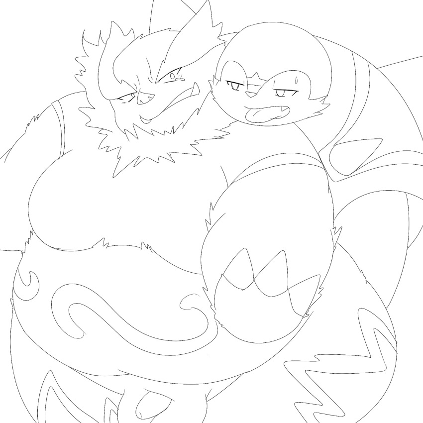 anthro balls belly chesnaught duo emboar flaccid foreskin generation_5_pokemon generation_6_pokemon genitals groping_from_behind hi_res kemoduelist line_art male male/male moobs nintendo overweight penis pokemon pokemon_(species)