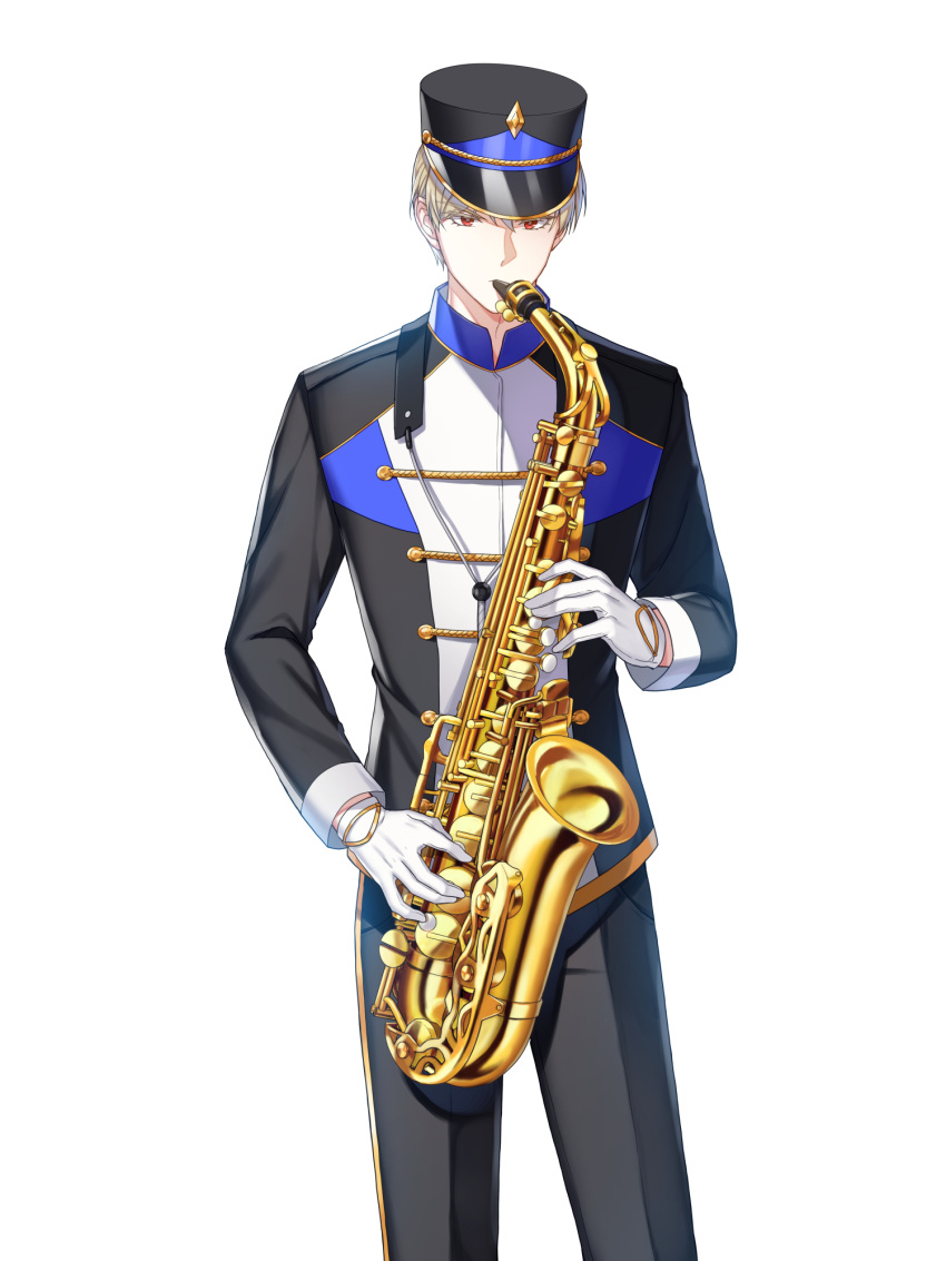 1boy alternate_hair_color alto_saxophone band_uniform black_gloves black_headwear black_jacket black_pants blonde_hair buttons closers collared_jacket cowboy_shot double-breasted gloves hat high_collar highres holding holding_instrument instrument jacket legs_apart long_sleeves looking_at_viewer male_focus marching_band music official_art pants playing_instrument red_eyes saxophone shako_cap short_hair single_vertical_stripe solo standing uniform white_background wolfgang_schneider