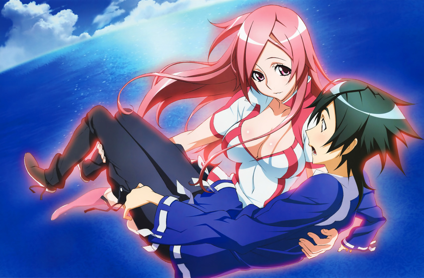 1boy 1girl absurdres aura black_hair blush body_blush breasts carrying cleavage cloud collarbone couple dragonaut fingernails floating_hair flying full_body highres kamishina_jin kneehighs legs long_hair looking_at_another ocean official_art open_mouth outdoors parted_lips pink_hair princess_carry purple_eyes scan shoes short_hair short_shorts shorts surprised toa uniform uno_makoto wallpaper water