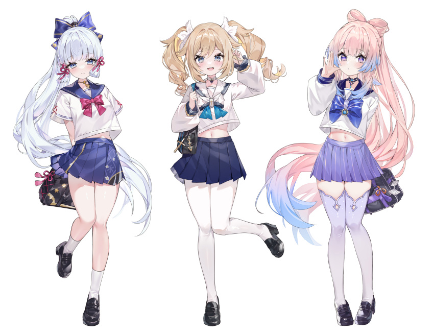 3girls :d :o alternate_costume arm_behind_back arm_up arms_behind_back bag bag_charm barbara_(genshin_impact) black_choker black_footwear blonde_hair blue_bow blue_bowtie blue_eyes blue_hair blue_skirt blunt_tresses blush bow bow-shaped_hair bowtie charm_(object) choker closed_mouth colored_tips commentary drill_hair full_body genshin_impact gradient_legwear hair_bow hair_ribbon hand_up highres kamisato_ayaka loafers long_hair long_sleeves looking_at_viewer midriff multicolored_hair multiple_girls navel neck_tassel open_mouth pantyhose pink_bow pink_bowtie pink_hair pleated_skirt ponytail purple_eyes purple_skirt ribbon sangonomiya_kokomi school_bag school_uniform serafuku shirt shoes short_sleeves simple_background skirt smile socks standing standing_on_one_leg tassel thighhighs tress_ribbon twin_drills white_background white_pantyhose white_shirt white_socks white_thighhighs yuia