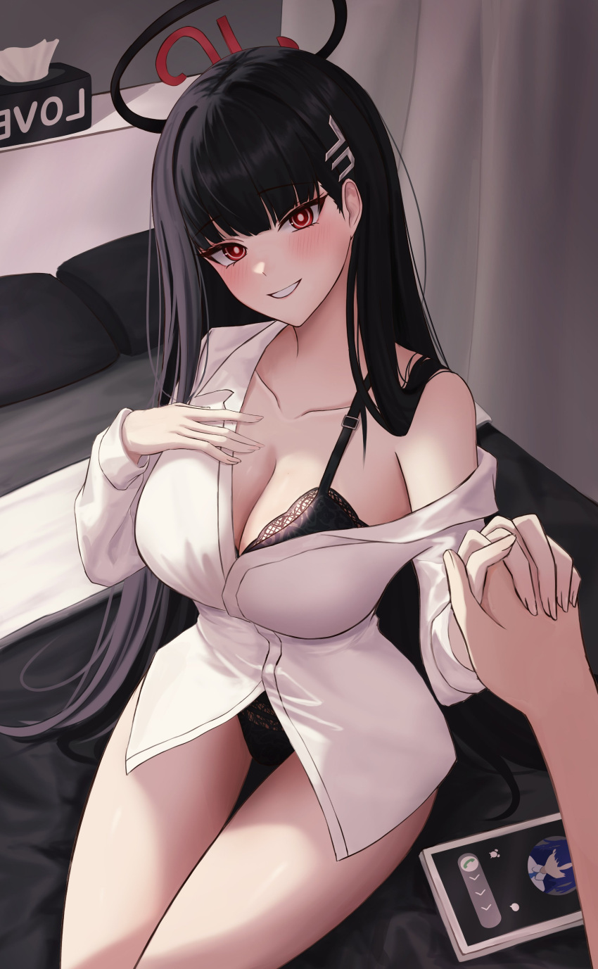 1girl 1other absurdres alternate_costume bare_shoulders black_bra black_hair black_halo black_panties blue_archive blush bra breasts cleavage collarbone commentary_request hair_ornament hairpin halo highres holding_hands indoors long_hair long_sleeves looking_at_viewer on_bed panties phone pillow red_eyes rio_(blue_archive) shirt single_bare_shoulder single_off_shoulder sitting smile straight_hair thick_thighs thighs tissue tissue_box underwear white_shirt yedeu2