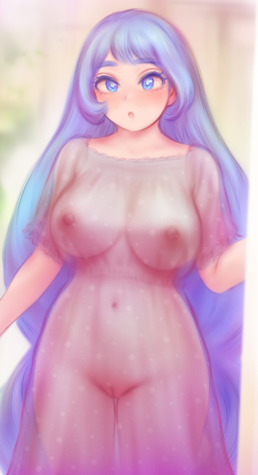 1girl blue_eyes blue_hair boku_no_hero_academia breasts dress hadou_nejire highres large_breasts long_hair navel nipples pussy see-through see-through_dress shpo solo standing