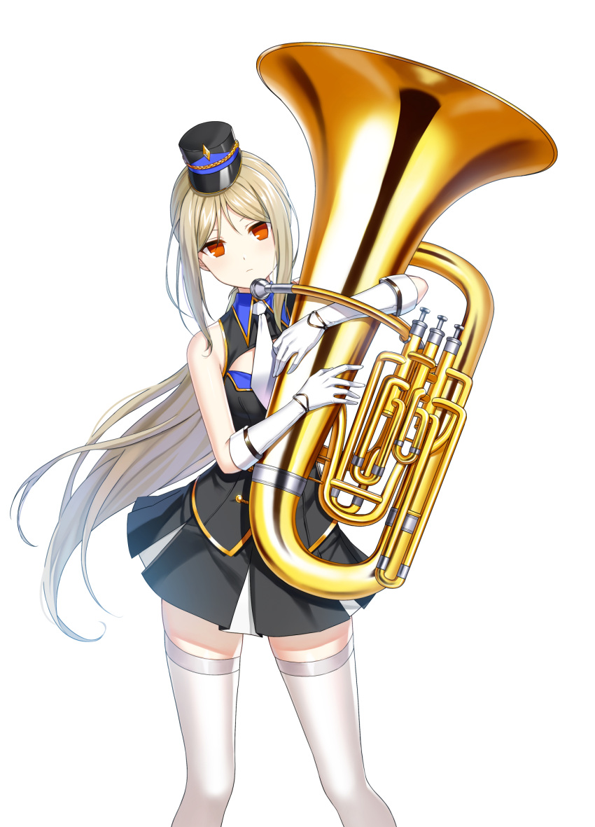 1girl alternate_hair_color band_uniform bare_shoulders black_headwear black_jacket black_skirt blonde_hair breasts buttons cleavage_cutout closed_mouth closers clothing_cutout collared_jacket double-breasted euphonium expressionless feet_out_of_frame fold-over_gloves gloves hat head_tilt highres holding holding_instrument hugging_object instrument jacket legs_apart long_hair looking_at_viewer marching_band mini_shako_cap miniskirt necktie no_pupils official_art orange_eyes parted_bangs pleated_skirt ponytail shako_cap sidelocks skirt sleeveless sleeveless_jacket small_breasts solo standing thighhighs tina_(closers) uniform very_long_hair white_background white_gloves white_necktie white_thighhighs wing_collar zettai_ryouiki
