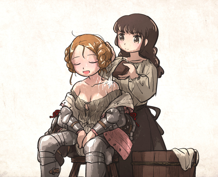 2girls armor braid breasts brown_hair cleavage commentary covered_nipples double_bun english_commentary french_braid hair_bun highres hot ironlily lady_johnna_(ironlily) light_brown_hair long_hair medieval medium_breasts multiple_girls no_bra off_shoulder ordo_mediare_sisters_(ironlily) plate_armor pouring_onto_another short_hair sweat twin_braids_sister_(ironlily) very_sweaty washing_another water wet wet_clothes