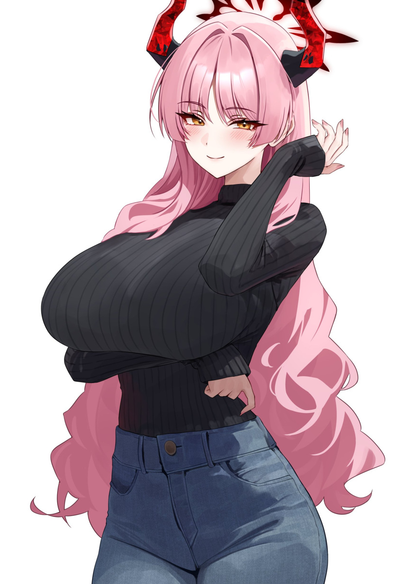 1girl absurdres alternate_costume arm_under_breasts black_sweater blue_archive blue_pants blush breasts closed_mouth commentary_request cowboy_shot demon_girl demon_horns denim fingernails hair_intakes halo hand_up high-waist_pants highres holika_baby horns huge_breasts long_hair looking_at_viewer nail_polish pants parted_bangs pink_hair pink_nails red_halo red_horns ribbed_sweater satsuki_(blue_archive) simple_background smile solo sweater turtleneck turtleneck_sweater very_long_hair white_background yellow_eyes