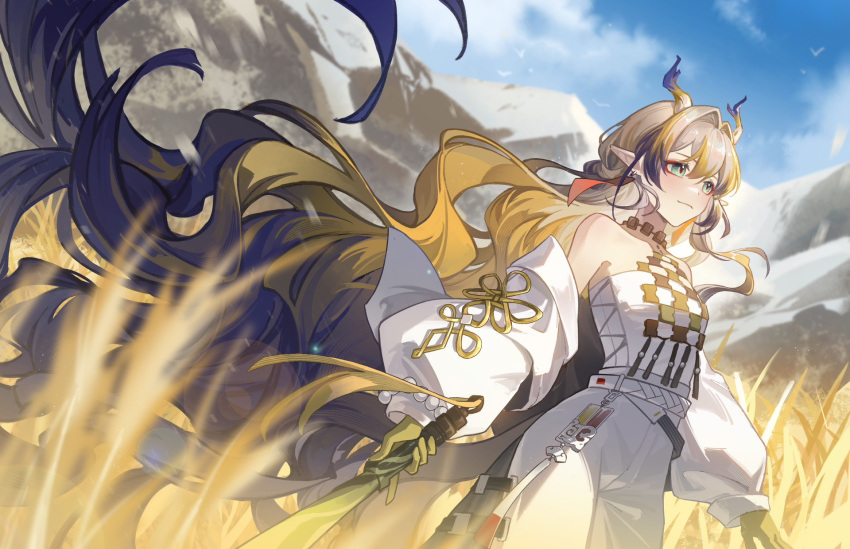1girl absurdly_long_hair arknights bare_shoulders beads belt blonde_hair blurry blurry_foreground closed_mouth colored_skin cowboy_shot day dragon_girl dragon_horns earrings field green_eyes grey_hair grey_horns hair_intakes highres holding holding_sword holding_weapon horns jacket jewelry kano_sakiko lens_flare light_blush light_smile long_hair long_sleeves looking_ahead multicolored_hair necklace off_shoulder open_clothes open_jacket outdoors pants plant pointy_ears puffy_long_sleeves puffy_sleeves purple_hair purple_horns shu_(arknights) simple_bird solo standing strapless sunlight sword tube_top very_long_hair weapon wheat white_belt white_jacket white_pants white_tube_top wind yellow_horns