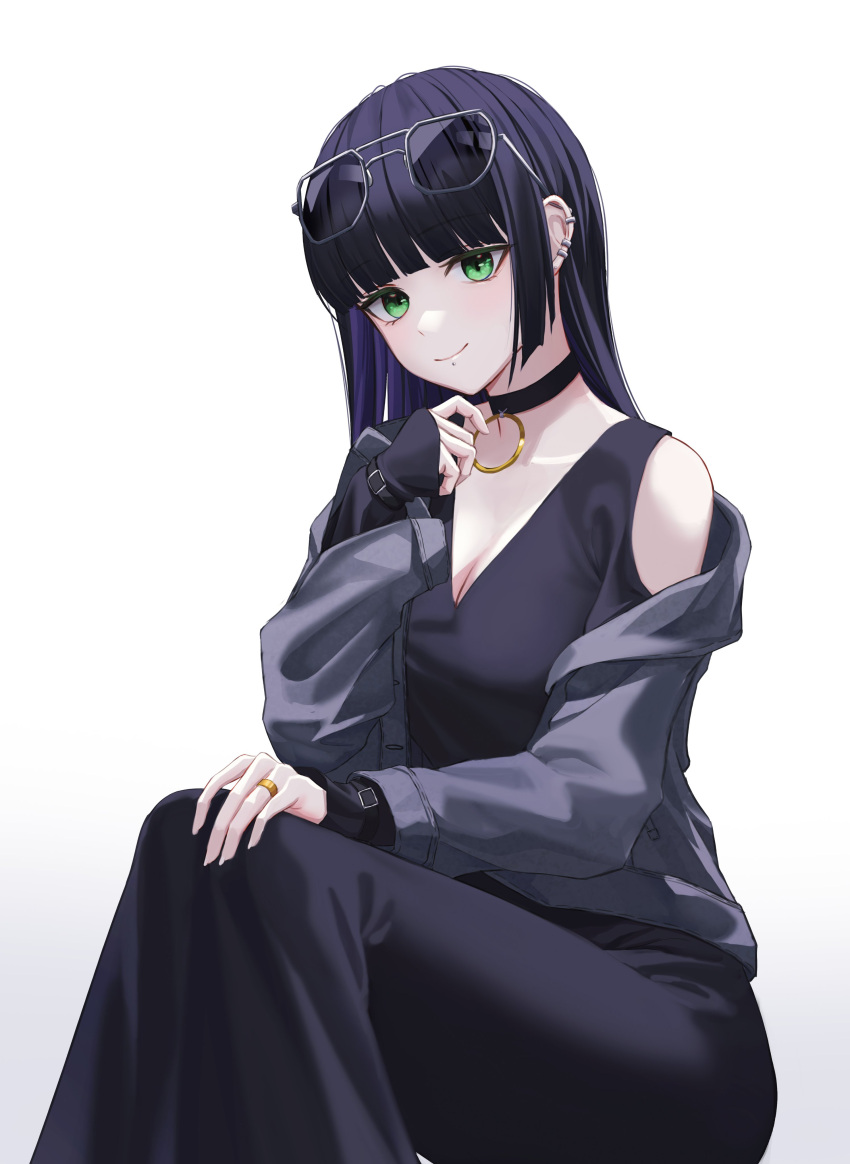 1girl absurdres black_choker black_dress black_hair blunt_bangs bocchi_the_rock! breasts choker cleavage closed_mouth clothing_cutout dress ear_piercing eyewear_on_head green_eyes grey_jacket hashtag_only_commentary highres invisible_chair jacket jewelry long_hair long_sleeves looking_at_viewer mouth_piercing off_shoulder pa-san piercing ring shoulder_cutout simple_background single_bare_shoulder sitting sleeves_past_wrists smile solo straight_hair white_background yedeu2