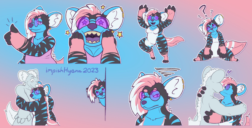 angry angry_expression cheering ear_piercing embrace eyewear gesture glasses hand_gesture hi_res hug hyena impishhyena kiss_on_lips kissing mammal mohawk piercing question_mark starry_eyes sticker_pack telegram telegram_sticker thumbs_up