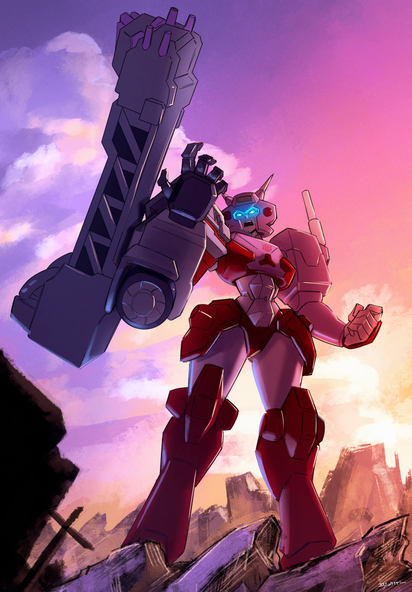 1girl absurdres autobot blue_eyes clenched_hand cloud cosmikaizer elita_one fusion glowing glowing_eyes highres looking_up mecha megaempress no_humans open_hand parody robot rubble scene_reference science_fiction sky solo transformers transformers_(skybound)